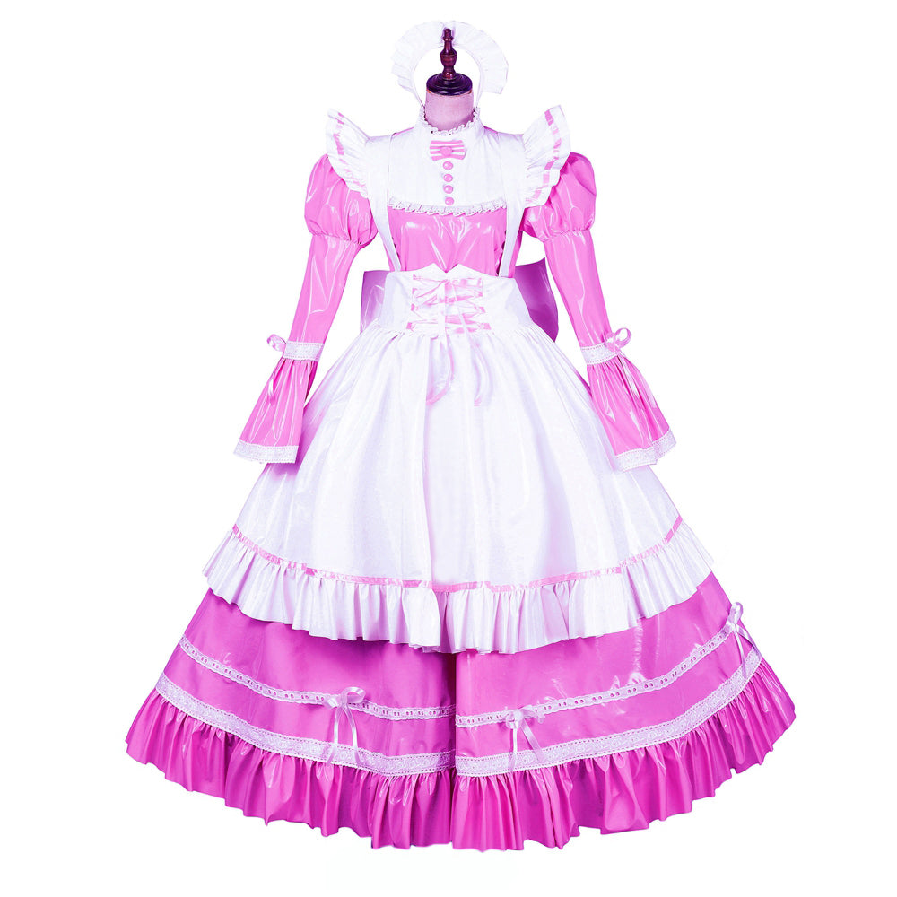 Pink and white sissy maid dress with ruffles, lace, and PVC sleeves on mannequin