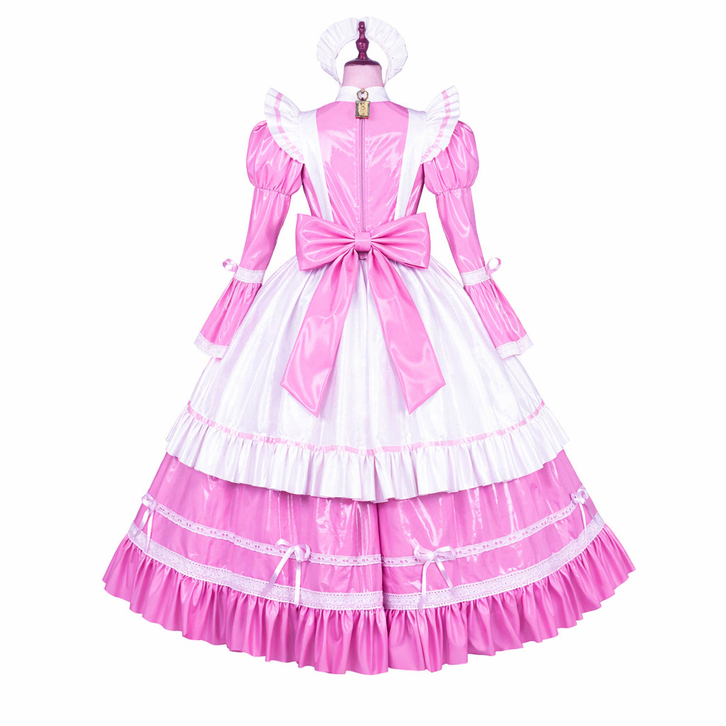 Pink and white sissy maid dress with bow, ruffles, and lock detail on mannequin