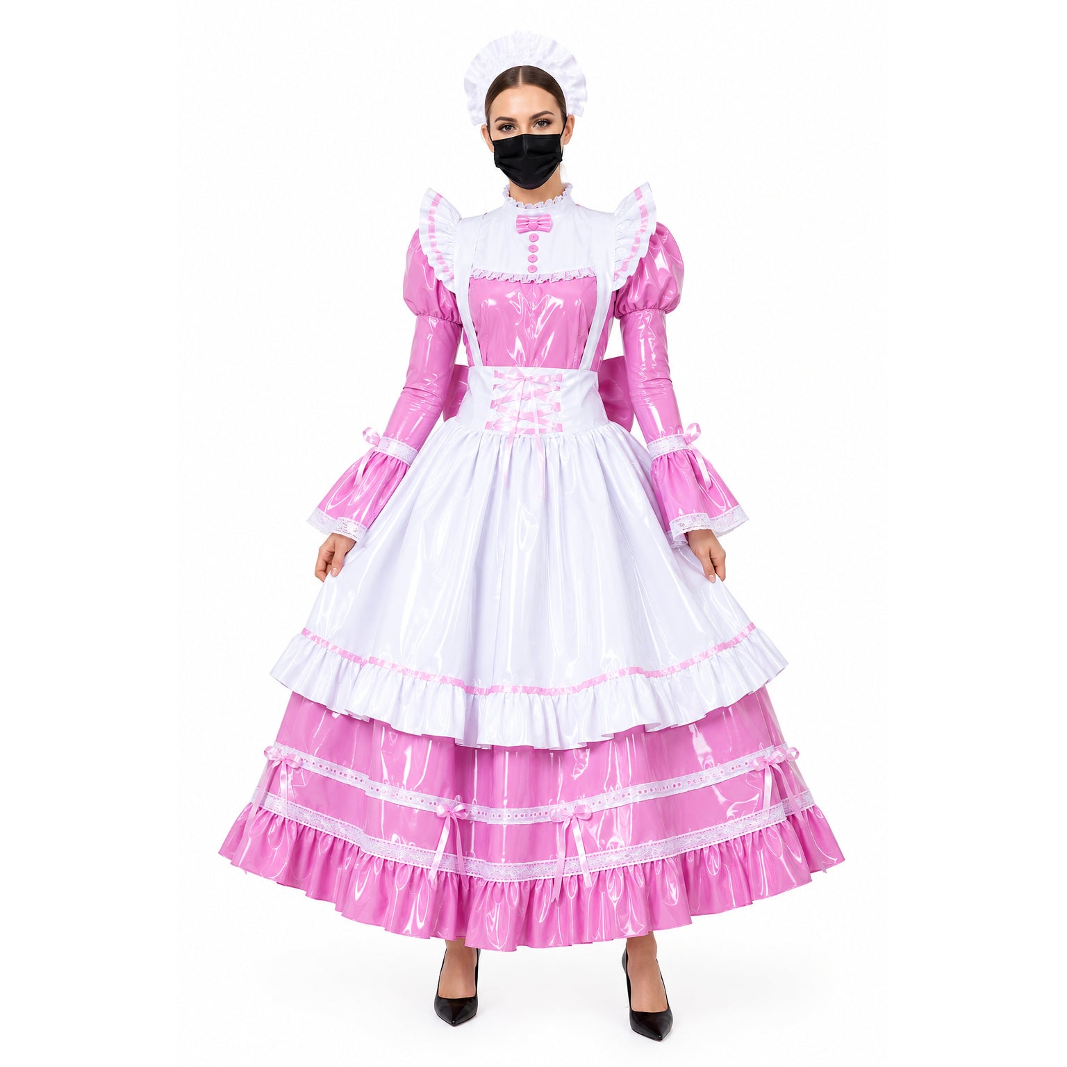 Pink and white sissy maid dress with ruffles, lace, and PVC details, featuring a corset waist and matching hat.