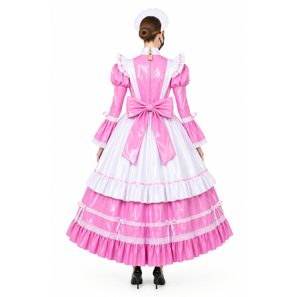 Pink and white sissy maid dress with bow, ruffles, and lockable back, shown from behind