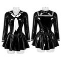 Shiny black sissy maid dress with white sailor collar and bow, front and back view