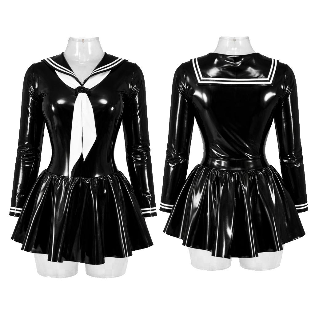 Shiny black sissy maid dress with white sailor collar and bow, front and back view