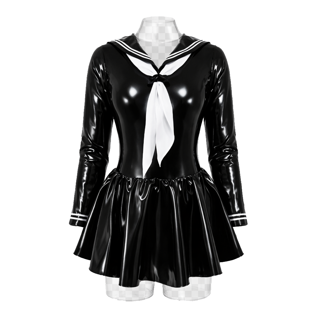 Shiny black PVC sissy maid dress with white sailor collar and bow, flared skirt, long sleeves