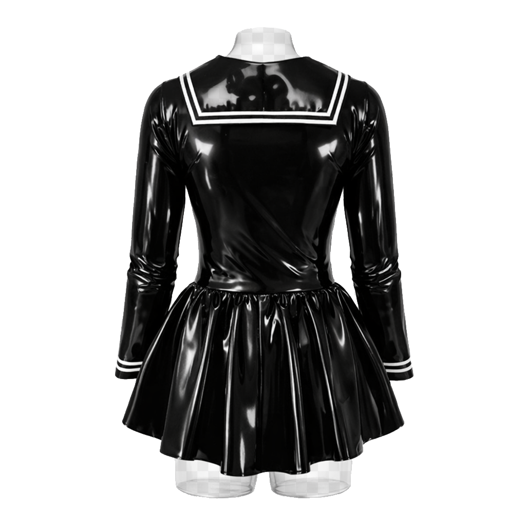 Black PVC sissy maid dress with sailor collar and flared skirt, back view
