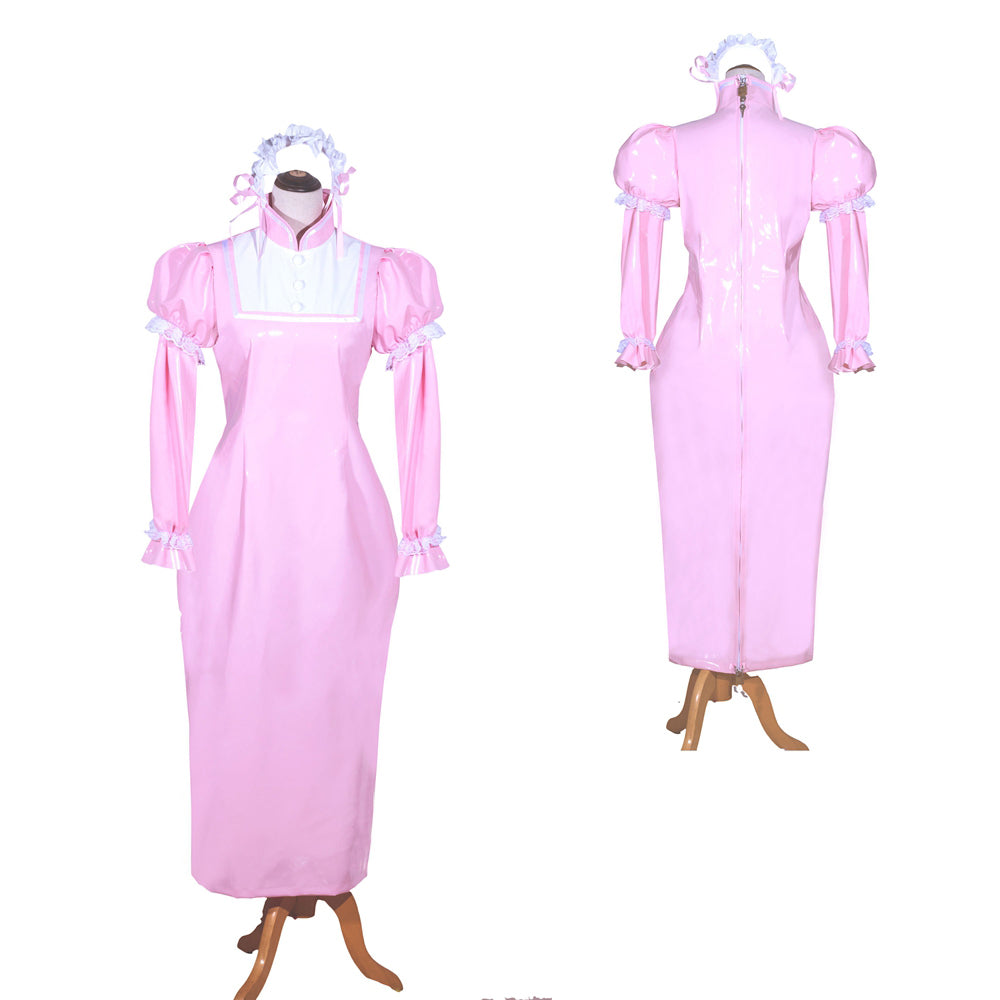 Pink sissy maid dress with puffed sleeves, lace trim, and back zipper, displayed front and back on mannequin