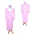 Pink sissy maid dress with puffed sleeves, lace trim, and back zipper, displayed front and back on mannequin