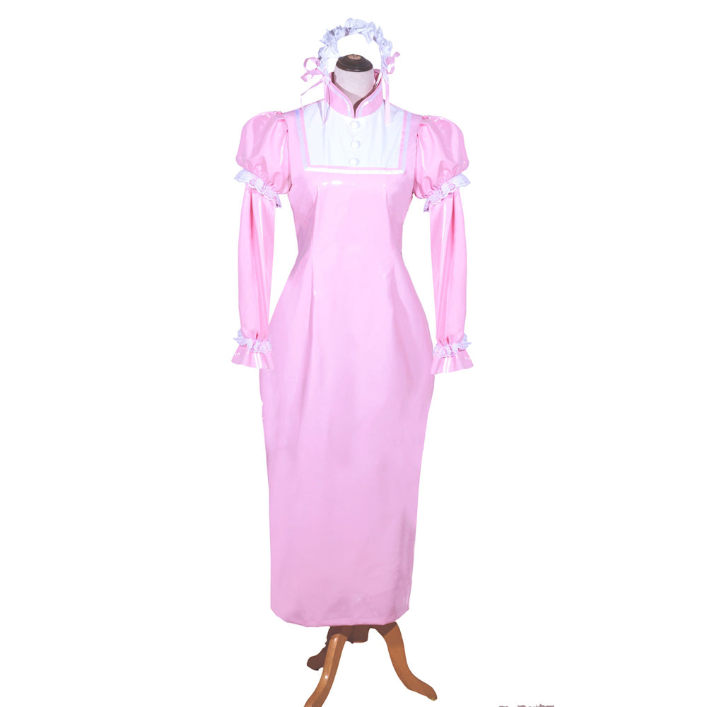 Pink sissy maid dress with white trim, puffed sleeves, and matching headpiece on mannequin