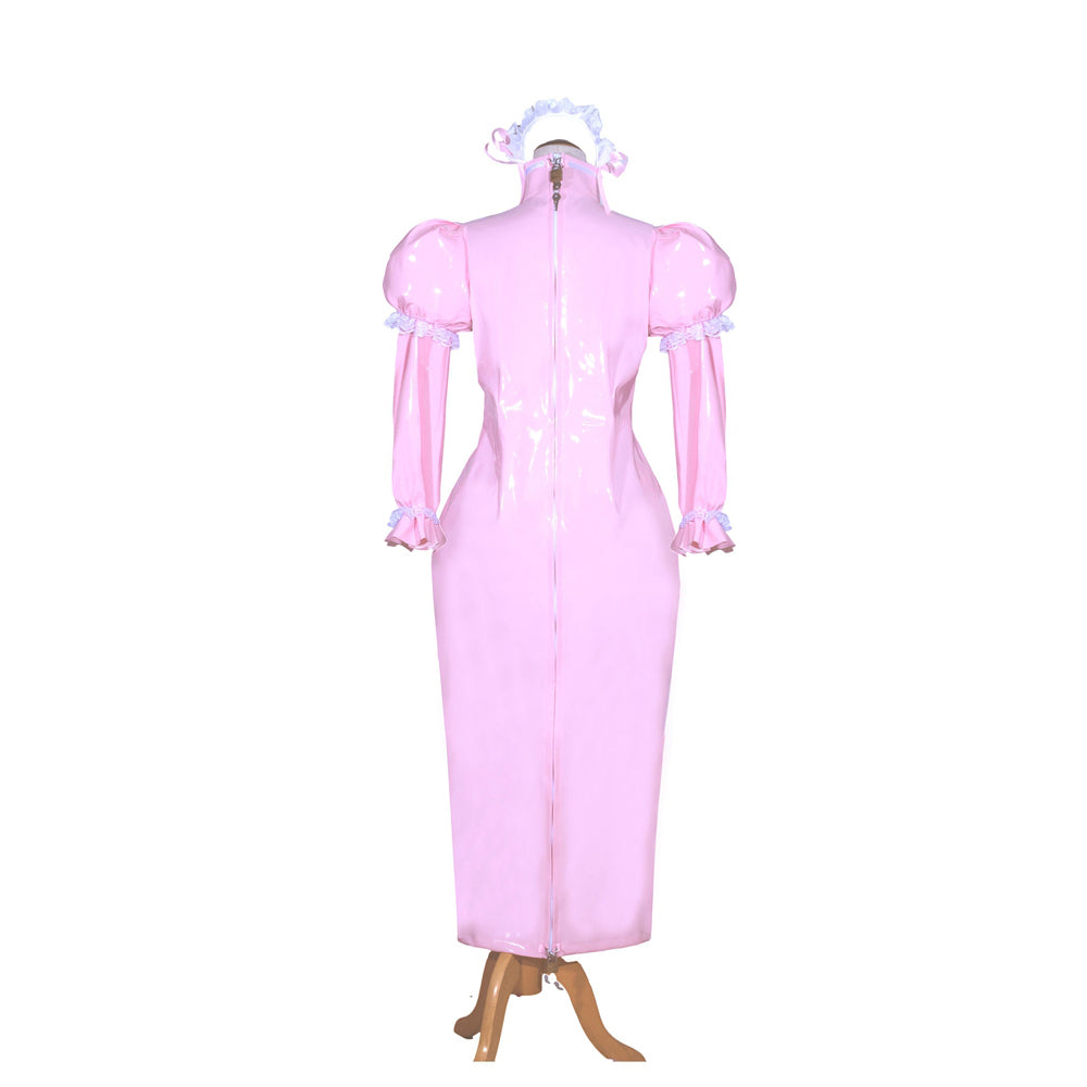 Pink sissy maid dress with puffed sleeves, lace trim, and back zipper on mannequin