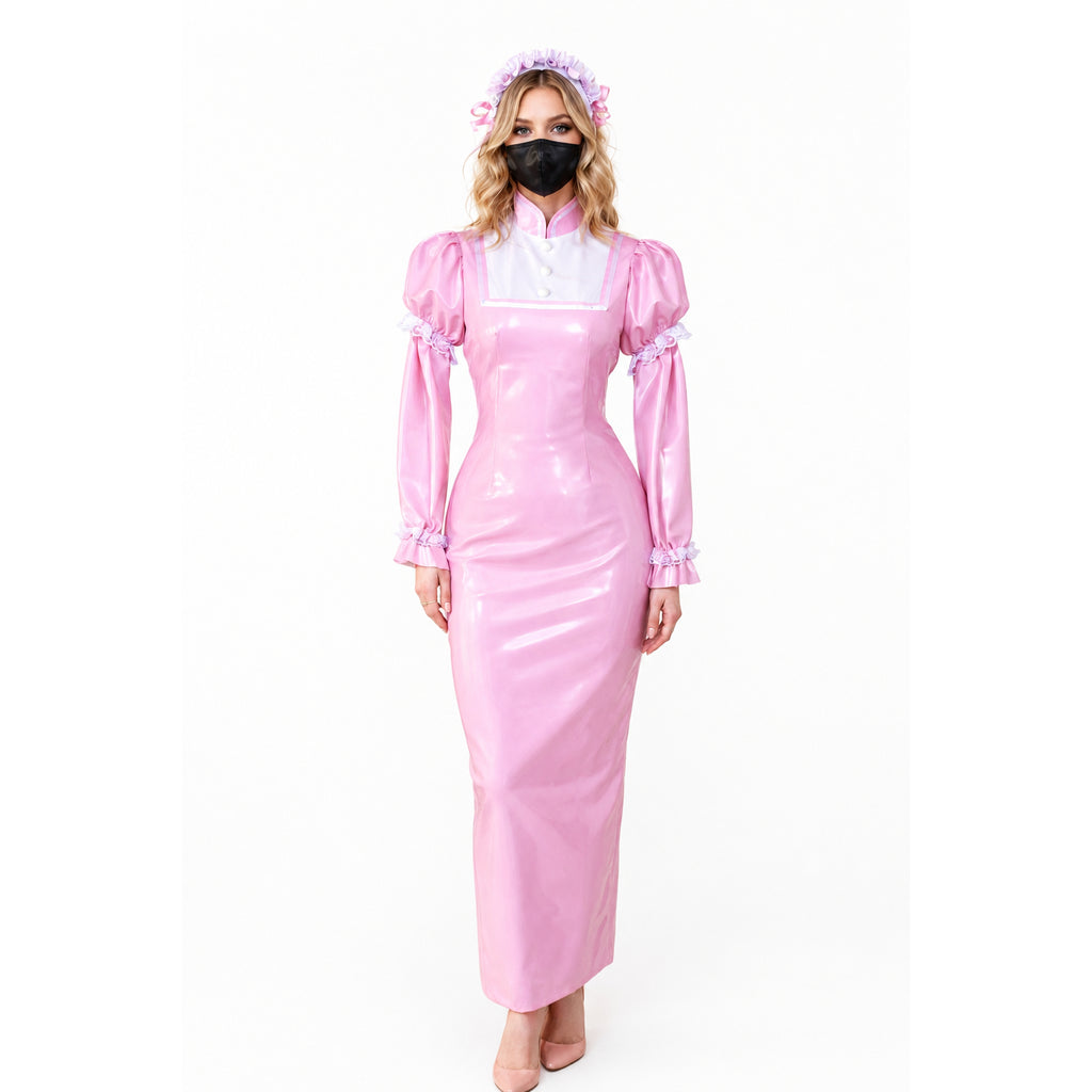 Pink sissy maid dress with ruffled sleeves and matching headpiece, featuring glossy PVC material and elegant fit.