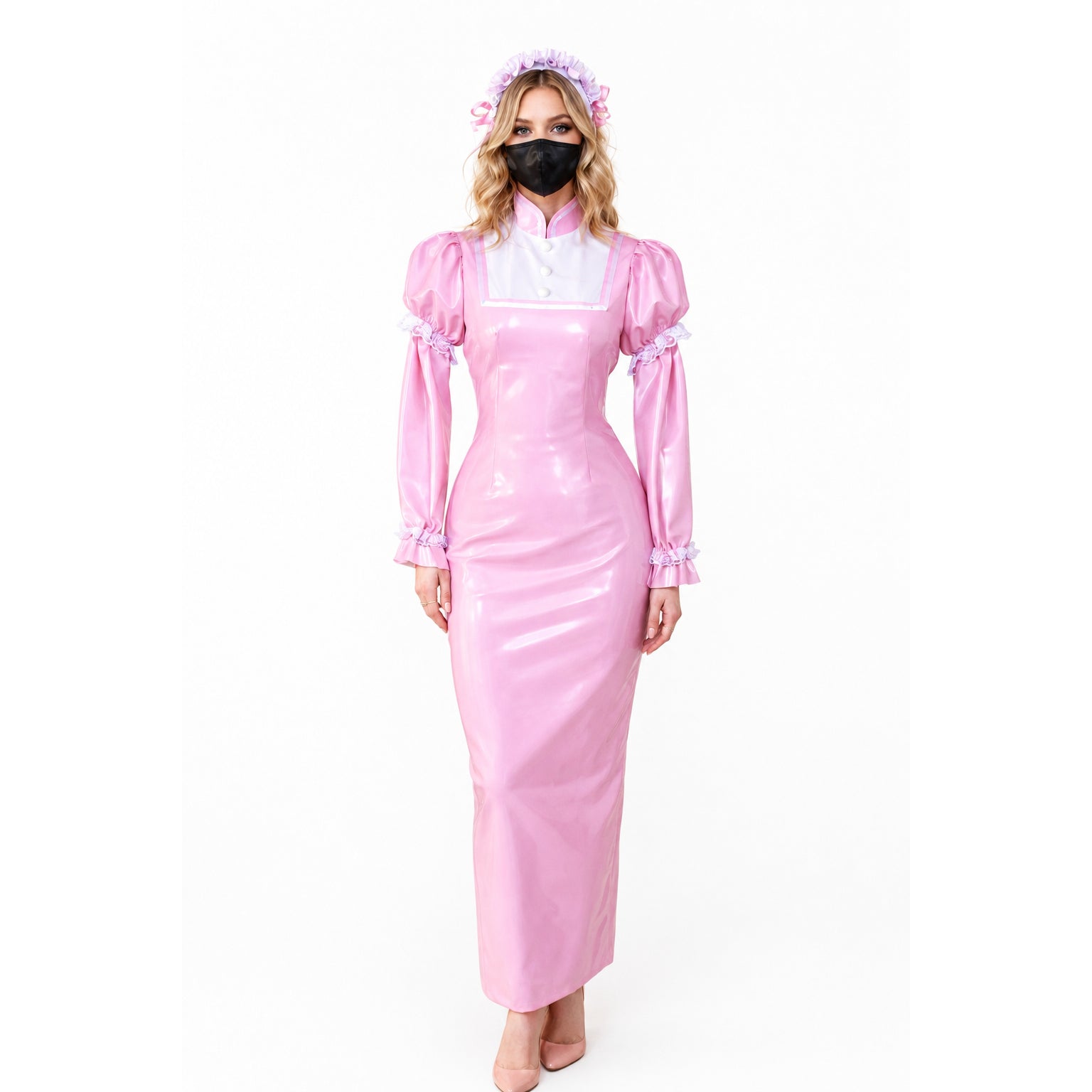 Pink sissy maid dress with ruffled sleeves and matching headpiece, featuring glossy PVC material and elegant fit.