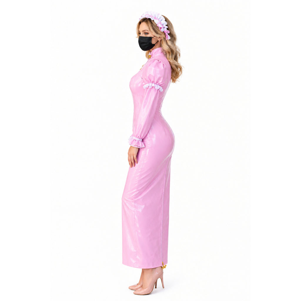 Pink PVC sissy maid dress with ruffled sleeves and headband, side view