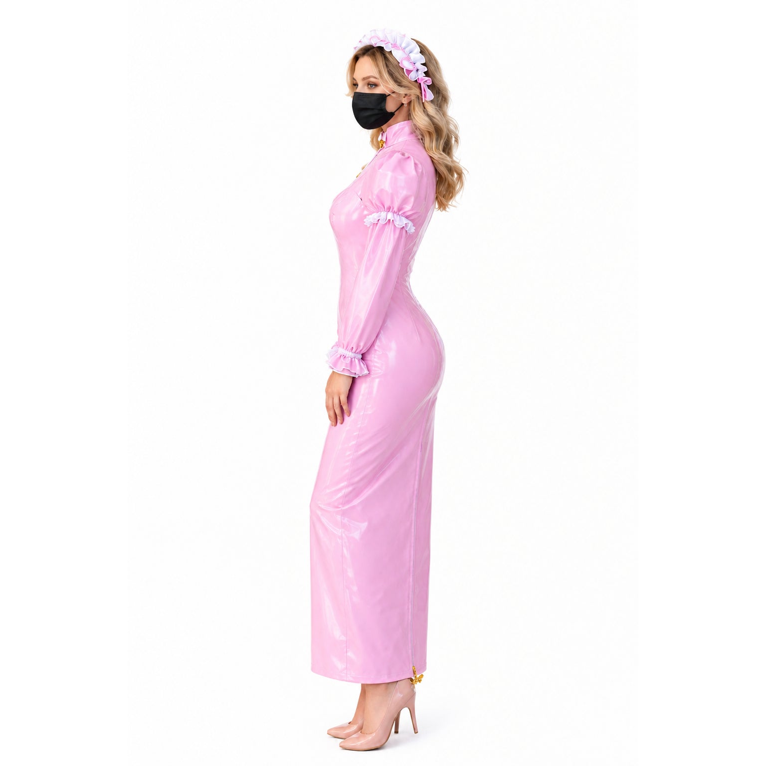 Pink PVC sissy maid dress with ruffled sleeves and headband, side view