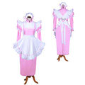 Pink and white sissy maid dress with ruffles, apron, and bow, displayed front and back on mannequin