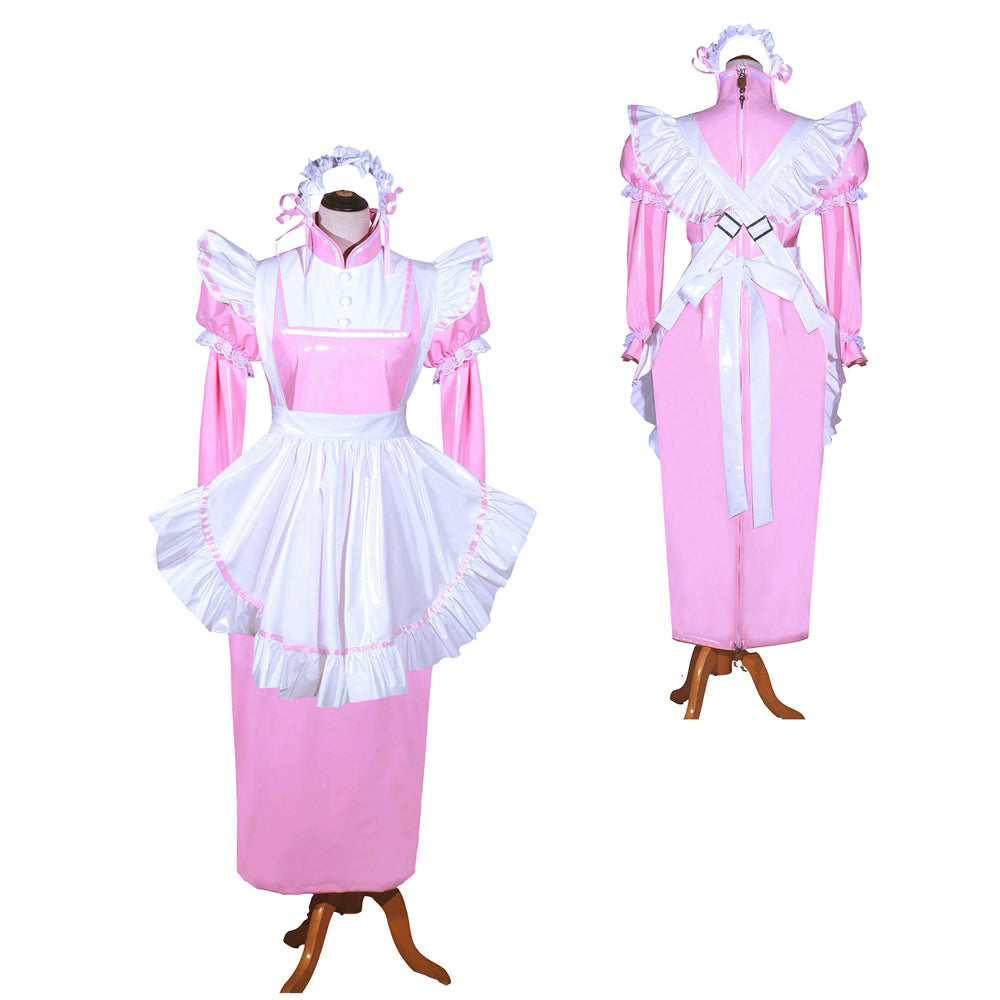 Pink and white sissy maid dress with ruffles, apron, and bow, displayed front and back on mannequin