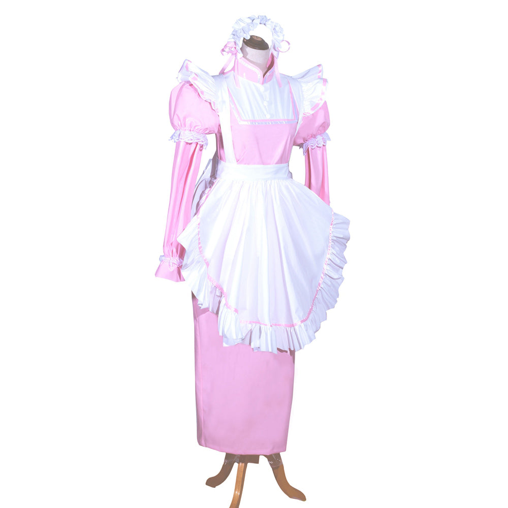 Pink and white sissy maid dress with ruffles, apron, and matching headpiece on mannequin