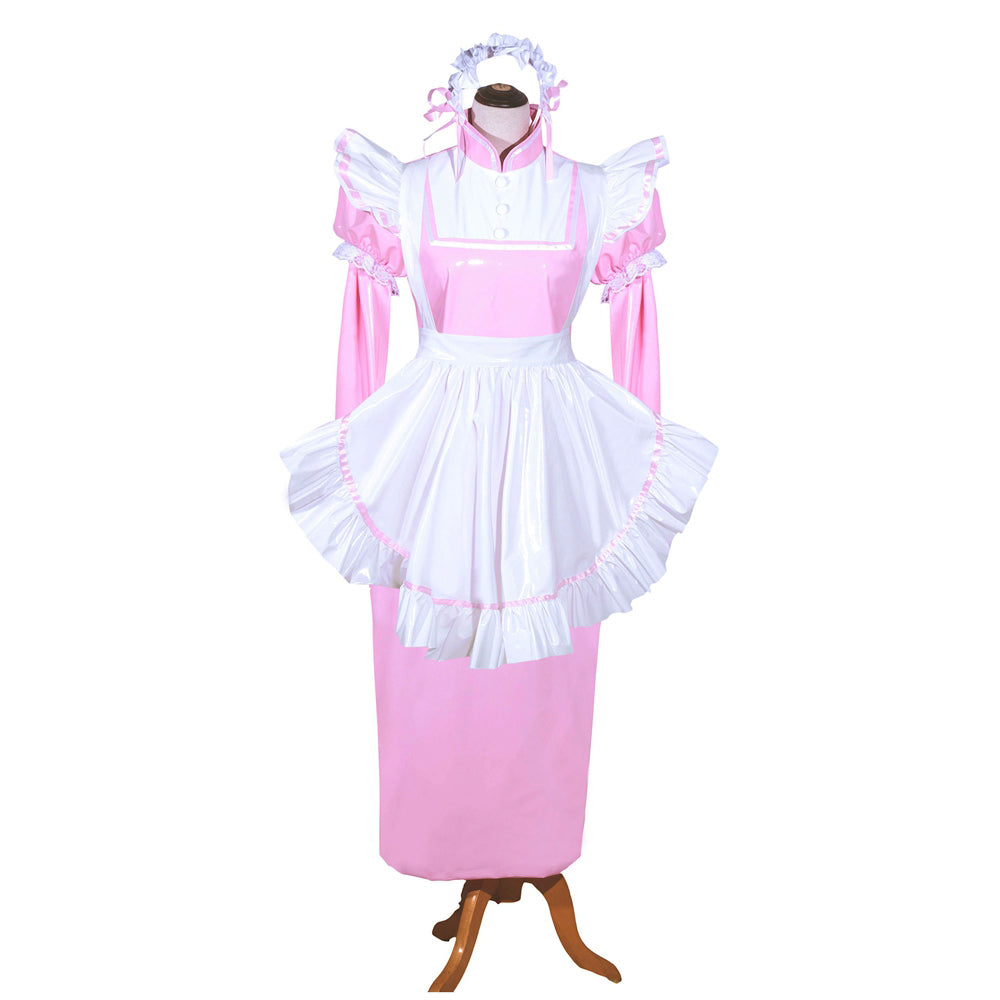 Pink and white sissy maid dress with ruffles, apron, and matching headpiece on mannequin