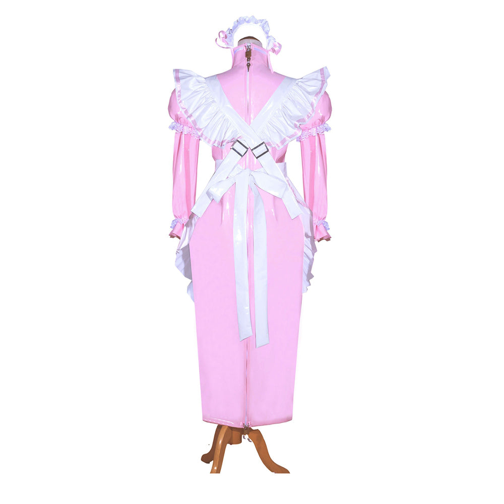 Pink sissy maid dress with white ruffles and apron, displayed on mannequin