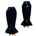 Black PVC sissy maid skirt with ruffle hem and front zipper, shown front and back views