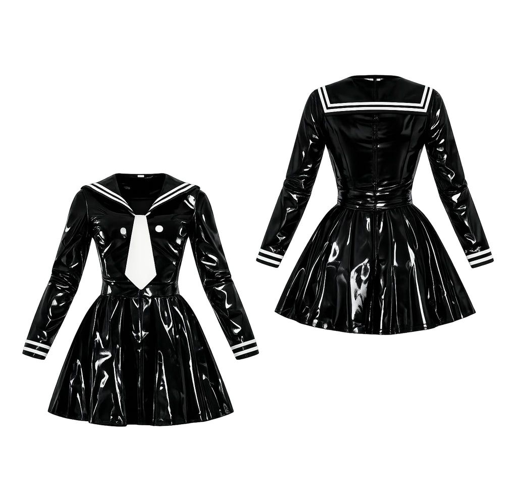 Black PVC sissy maid dress with sailor collar, white tie, and pleated skirt, front and back view