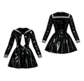 Black PVC sissy maid dress with sailor collar, white tie, and pleated skirt, front and back view