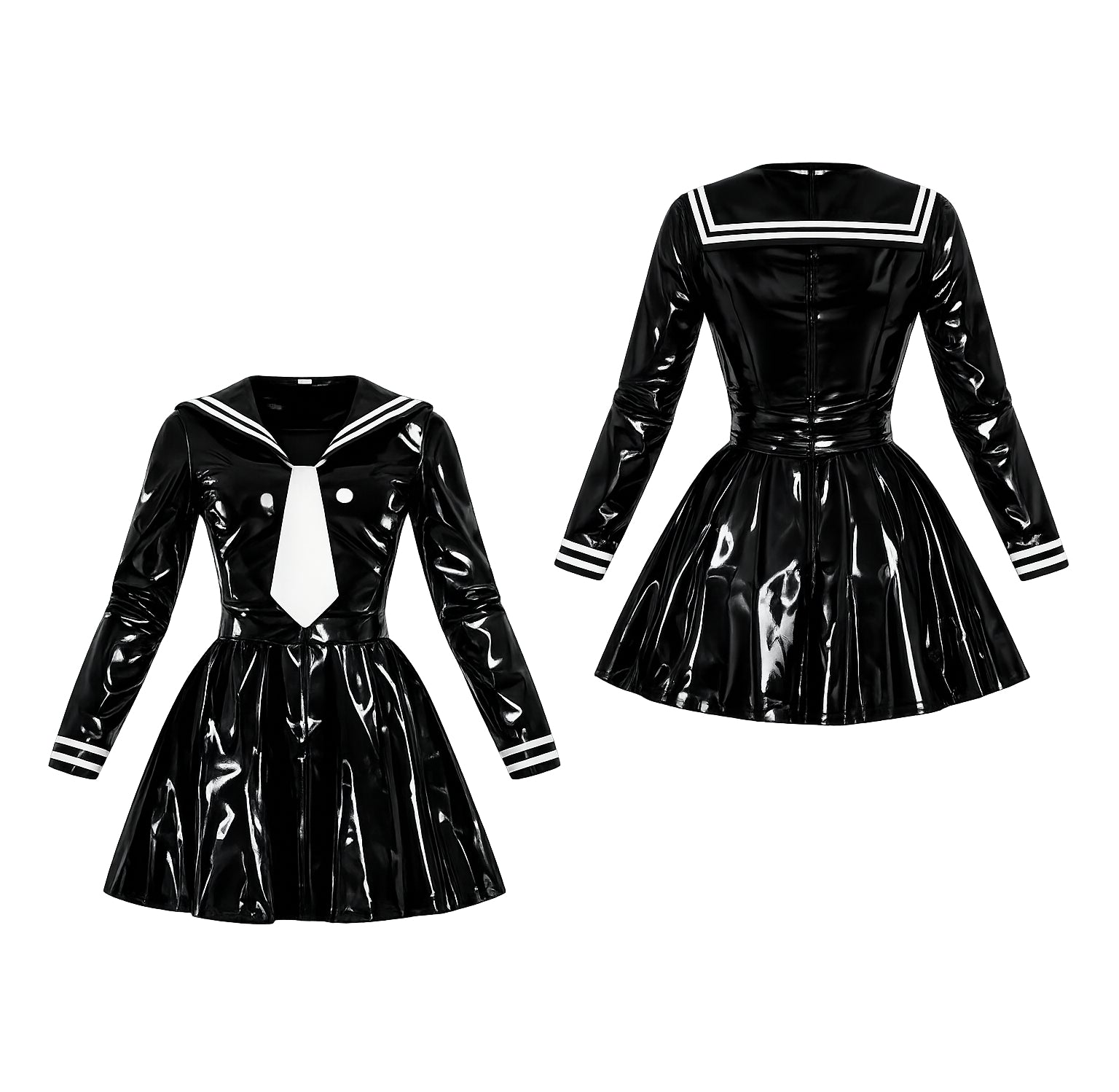 Black PVC sissy maid dress with sailor collar, white tie, and pleated skirt, front and back view