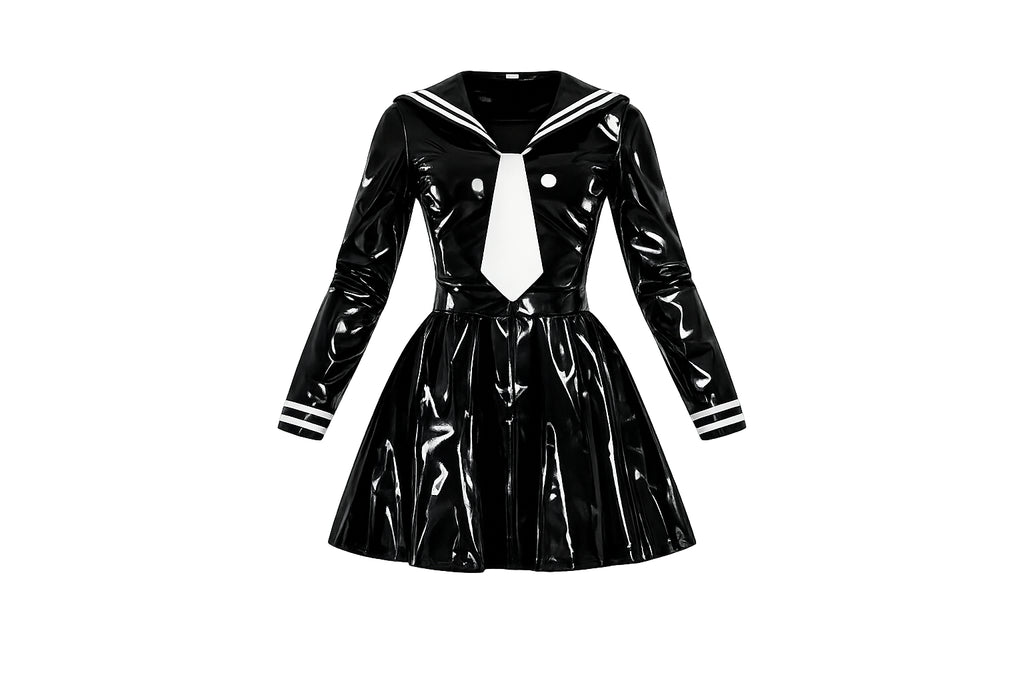 Shiny black PVC sissy maid dress with sailor collar, white tie, and striped cuffs for bold fashion statement