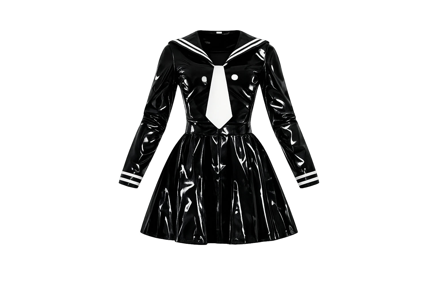 Shiny black PVC sissy maid dress with sailor collar, white tie, and striped cuffs for bold fashion statement