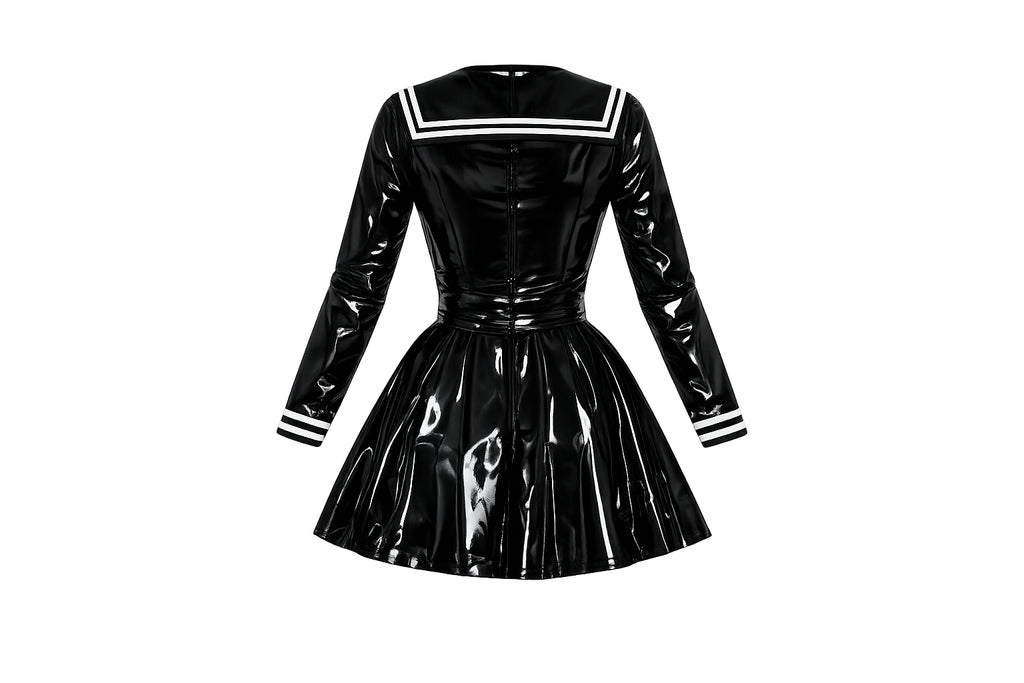 Black PVC sissy maid dress with white trim, long sleeves, and flared skirt