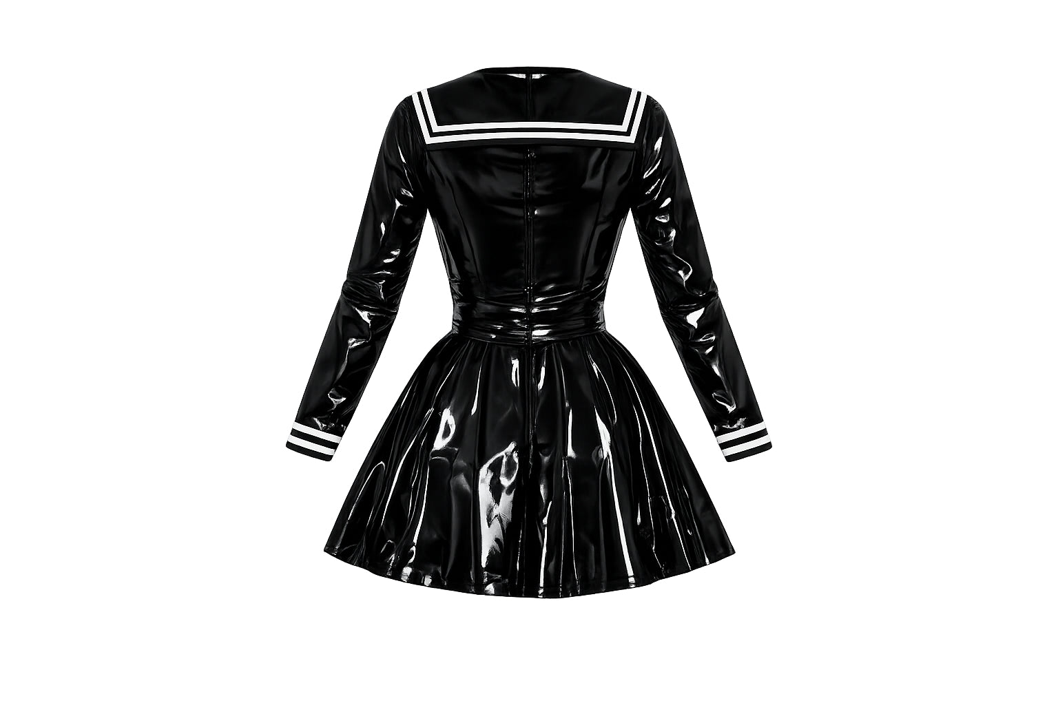Black PVC sissy maid dress with white trim, long sleeves, and flared skirt