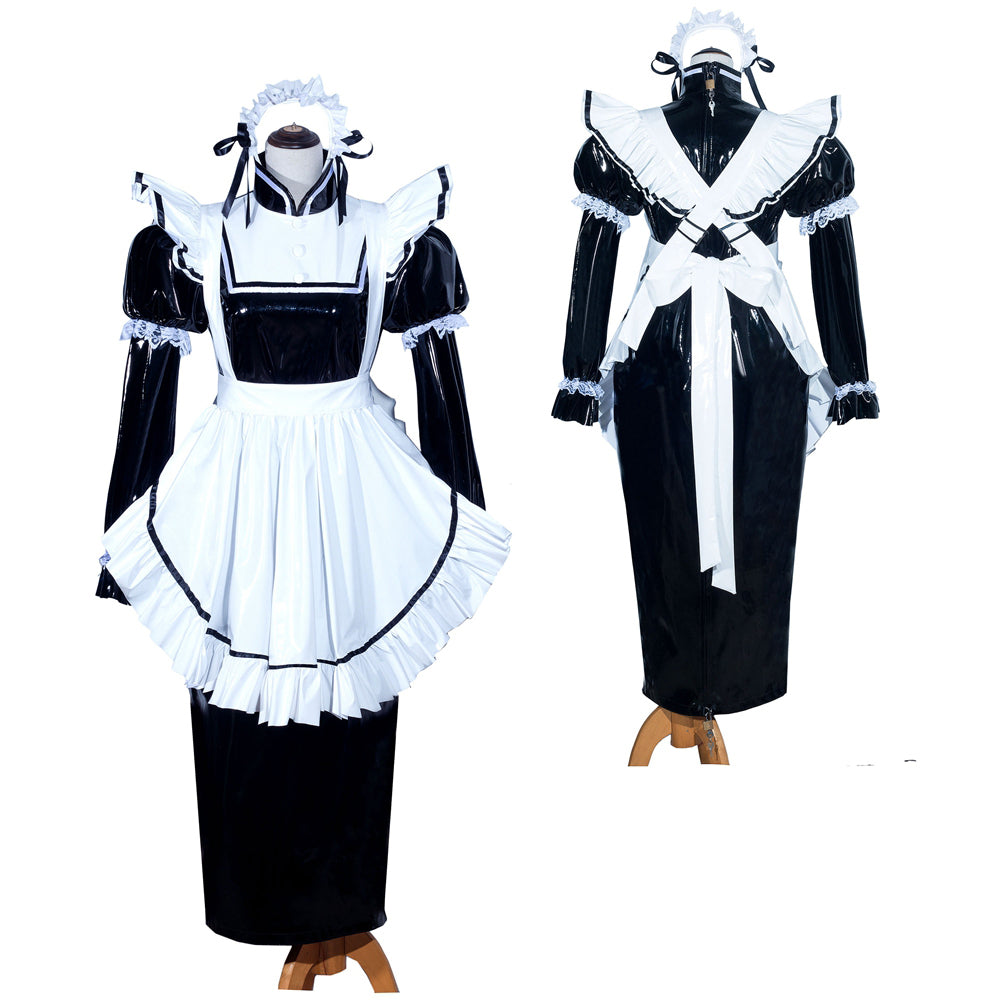 Black and white sissy maid dress with PVC and ruffles, front and back view