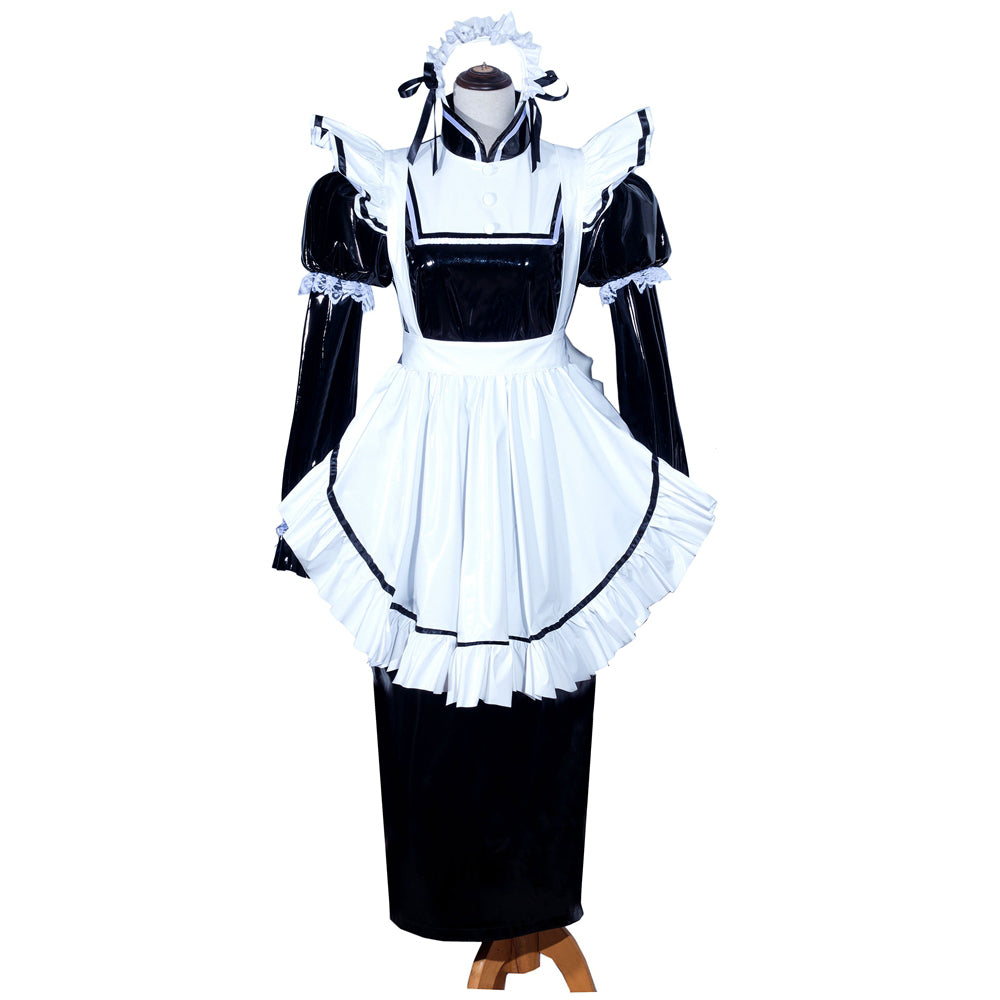 Sissy maid dress with black PVC sleeves, white apron, and lace trim on mannequin