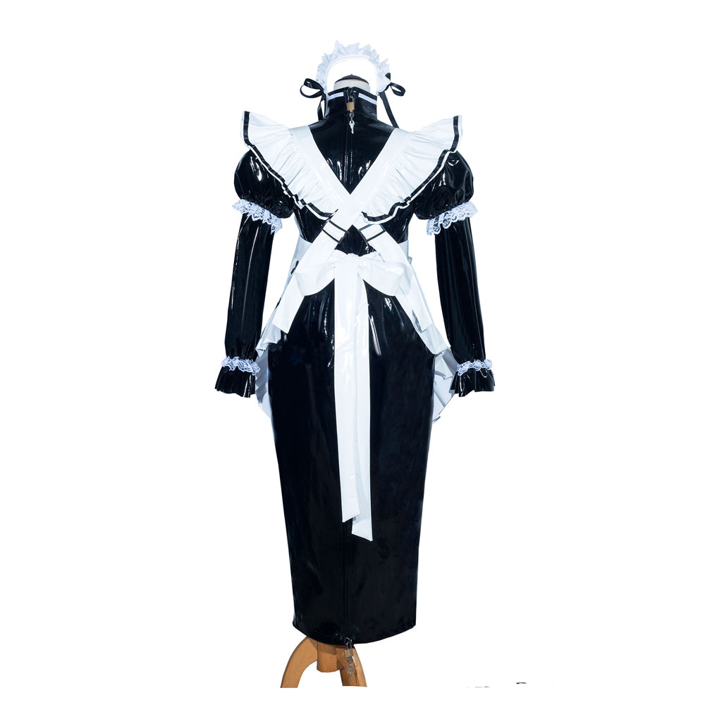 Black PVC sissy maid dress with white lace trim and bow, displayed on mannequin