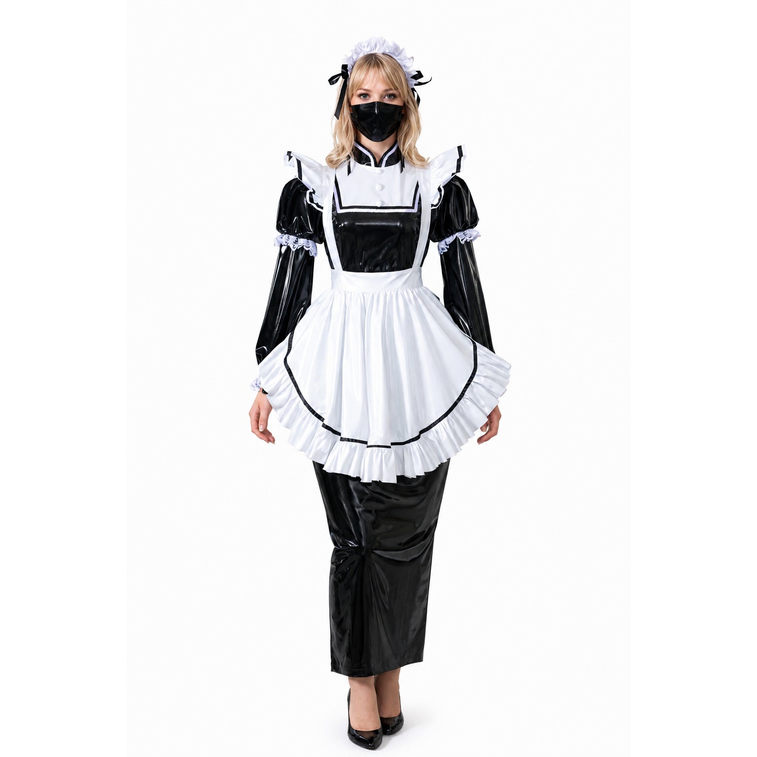 Sissy maid dress in black PVC and white satin with ruffled apron, headpiece, and matching mask