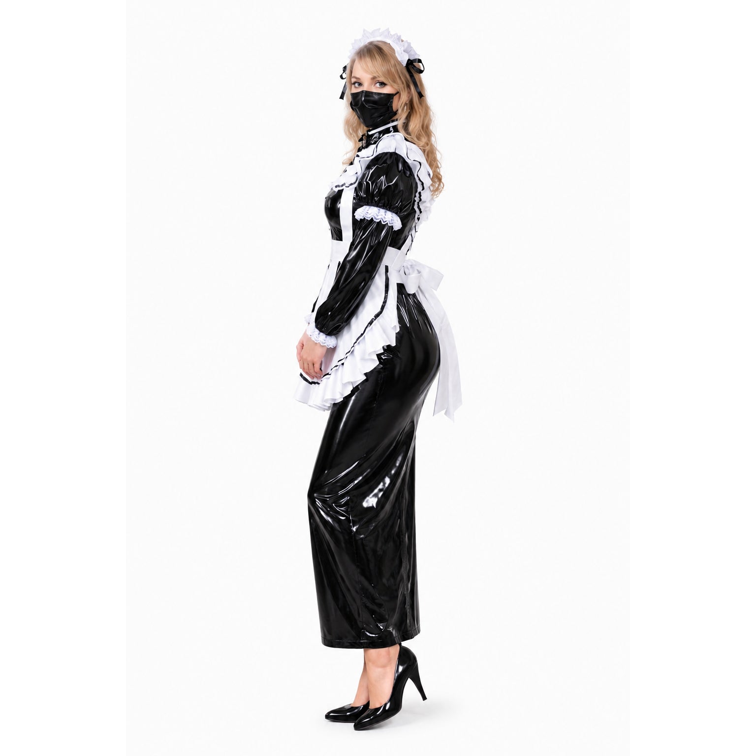 Black PVC sissy maid dress with white lace and apron, styled with high heels and headpiece