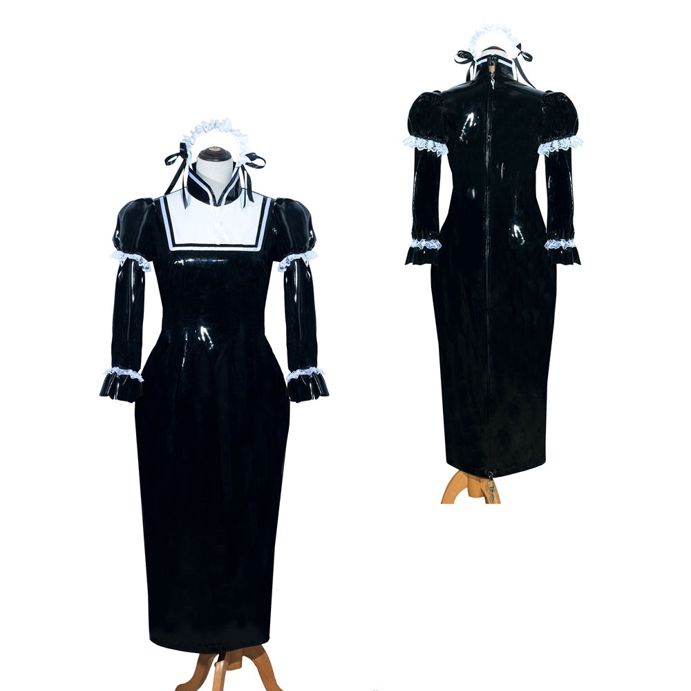 Black PVC sissy maid dress with white lace trim, front and back views on mannequin