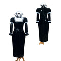 Black PVC sissy maid dress with white lace trim, front and back views on mannequin