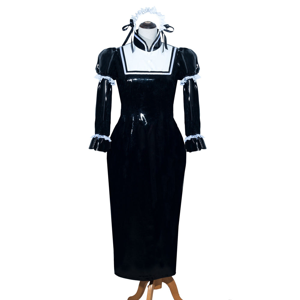 Black PVC sissy maid dress with white lace trim and matching headpiece on mannequin