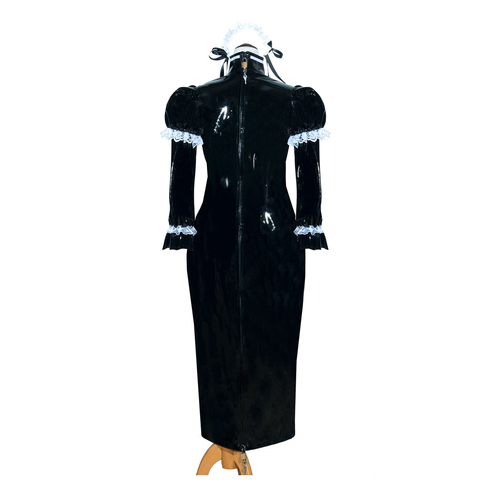 Black PVC sissy maid dress with white lace trim and back zipper, displayed on mannequin