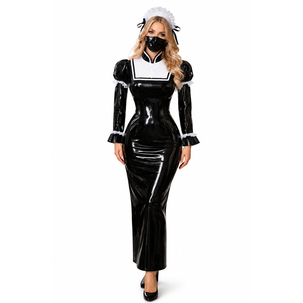Black PVC sissy maid dress with white lace trim, fitted silhouette, and matching bonnet for costume fashion
