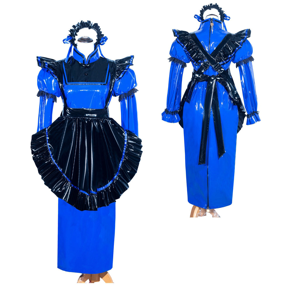 Blue and black PVC sissy maid dress with ruffles, apron, and back straps, shown front and back