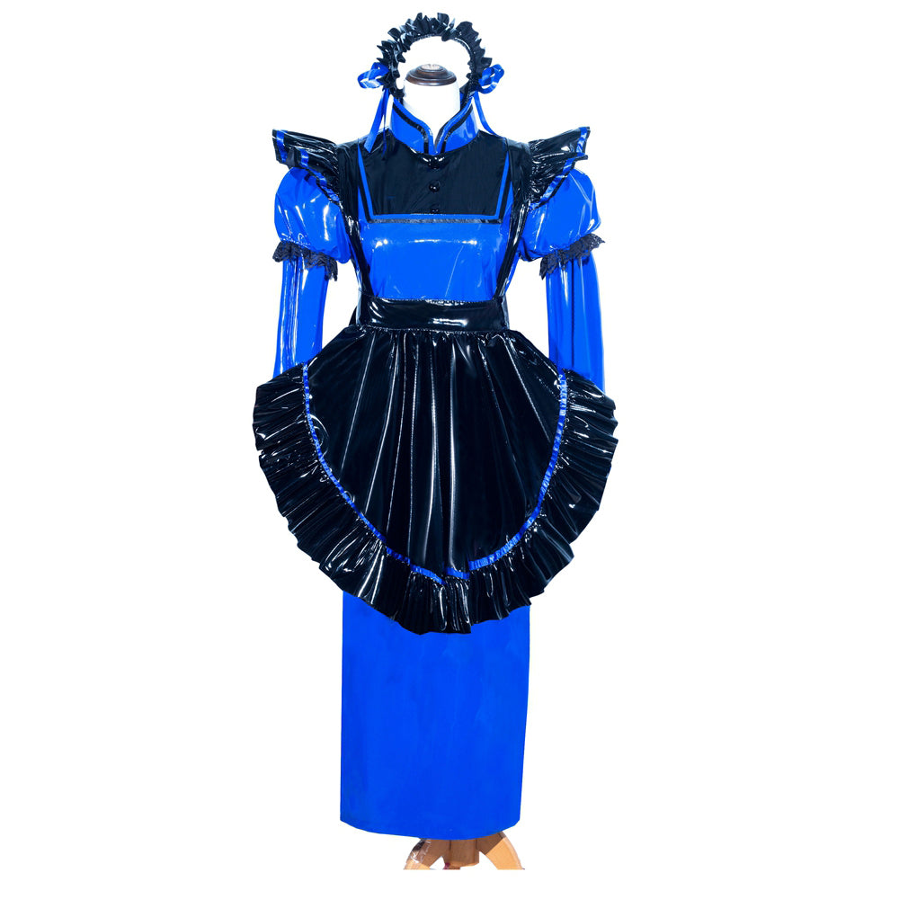 Blue and black sissy maid dress with PVC apron, ruffles, and matching headpiece on mannequin