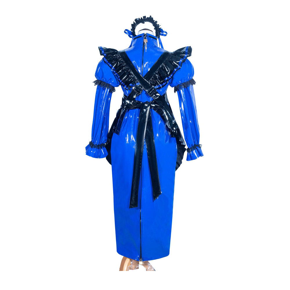 Blue PVC sissy maid dress with black ruffles and back zipper, elegant costume fashion