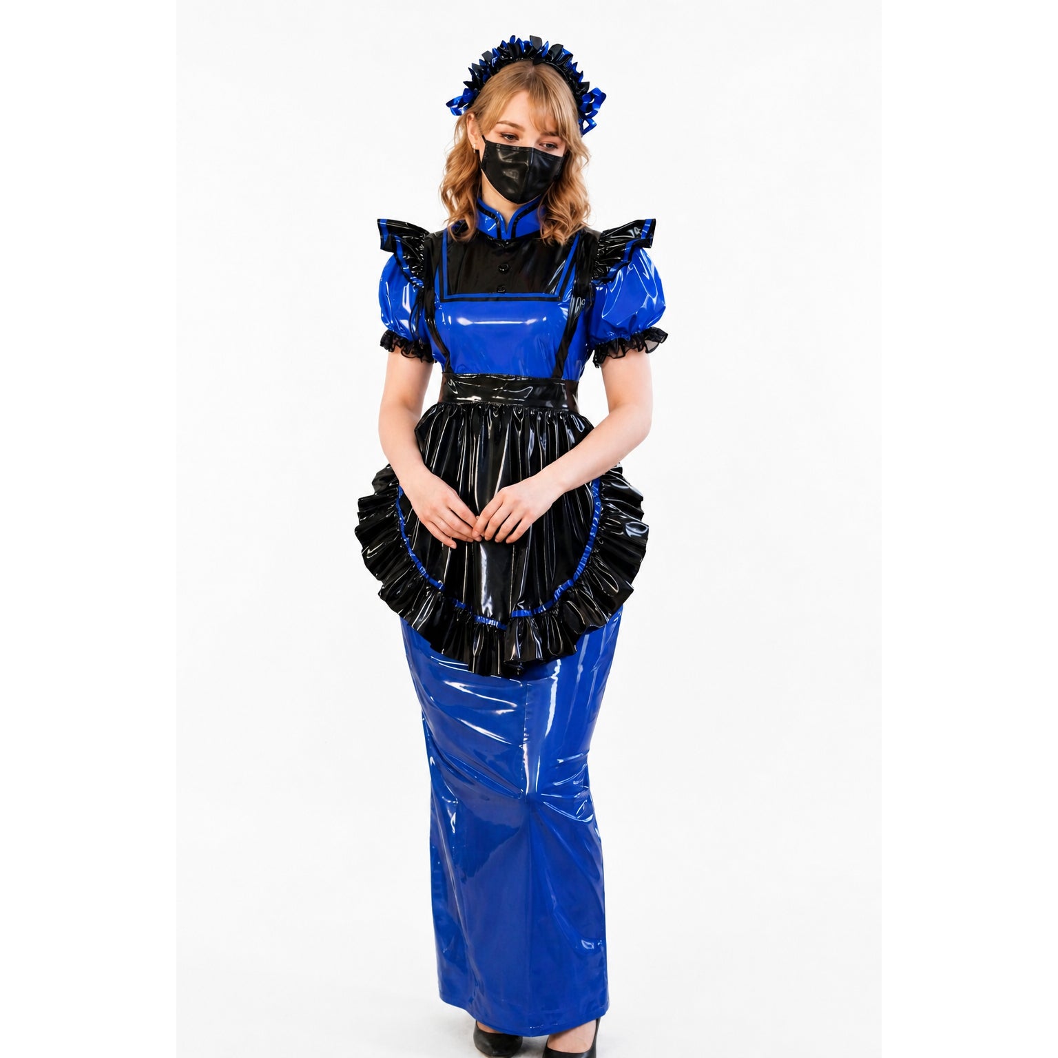 Blue and black PVC sissy maid dress with ruffles, matching headpiece, and elegant silhouette