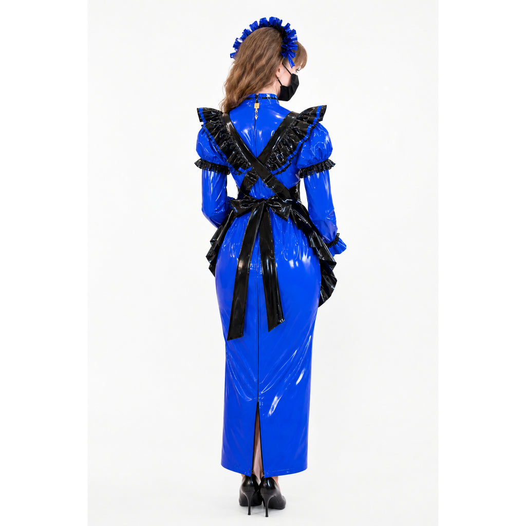 Blue PVC sissy maid dress with black ruffles and back bow, shown from behind