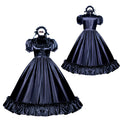 Black sissy maid dress with ruffles, puff sleeves, and elegant silhouette for boutique costume fashion