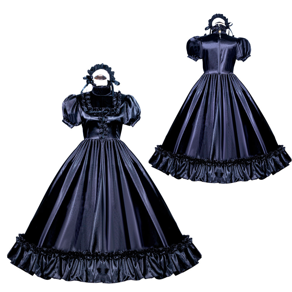 Black sissy maid dress with ruffles, puff sleeves, and elegant silhouette for boutique costume fashion