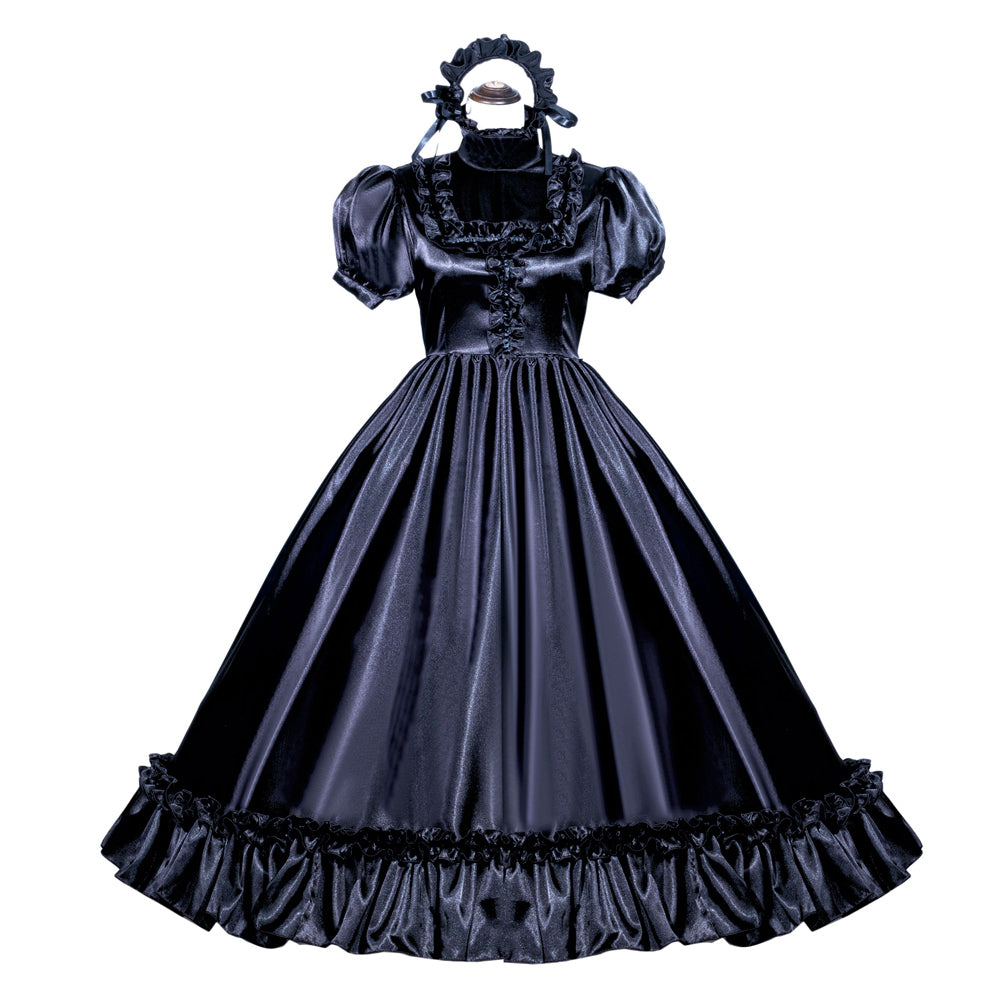 Black sissy maid dress with ruffles, puff sleeves, and matching headpiece on mannequin