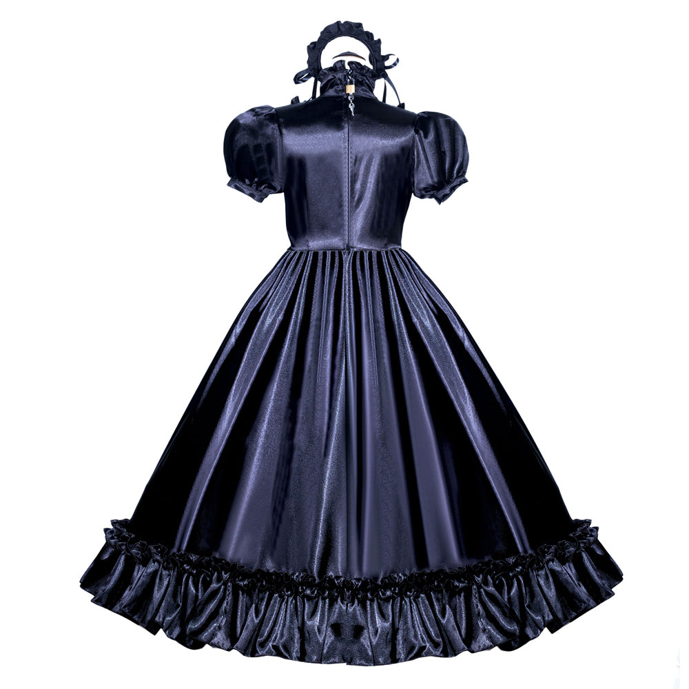 Black satin sissy maid dress with puffed sleeves, ruffled hem, and back zipper, shown on mannequin.