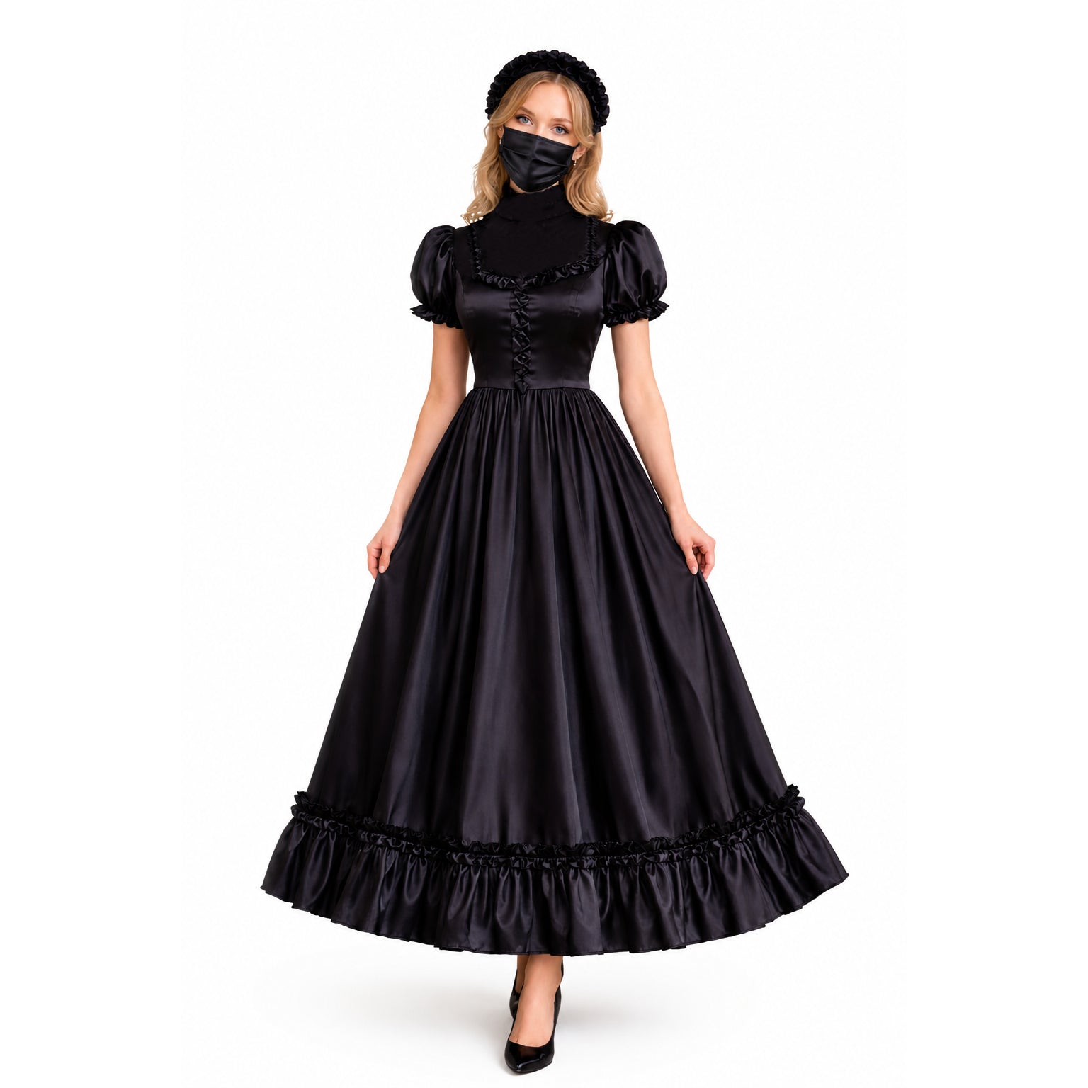 Black satin sissy maid dress with ruffles, puff sleeves, and matching headpiece