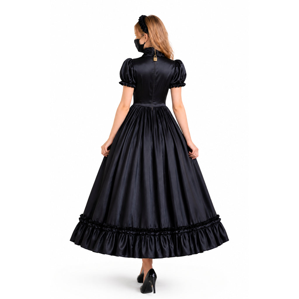 Black satin sissy maid dress with ruffled hem and back lock detail, shown from behind